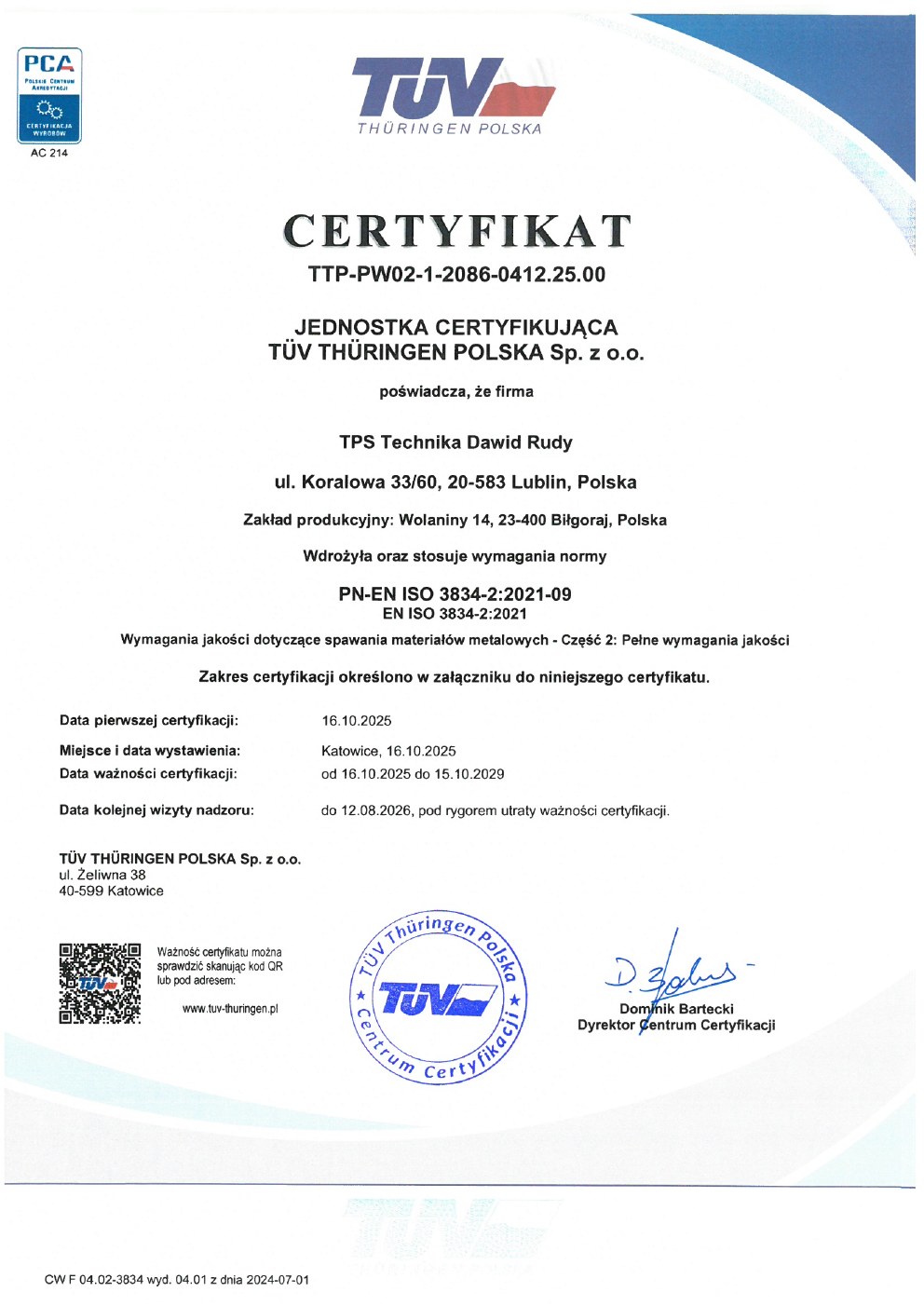 Certyfikat EN ISO 3834-2